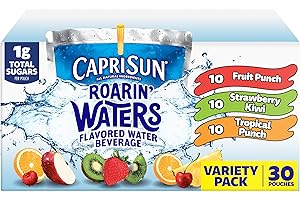 Capri Sun Roarin' Waters Fruit Punch, Strawberry Kiwi & Tropical Punch Flavored with other natural flavor Water Beverage, 30 ct Box, 6 fl oz Drink Pouches