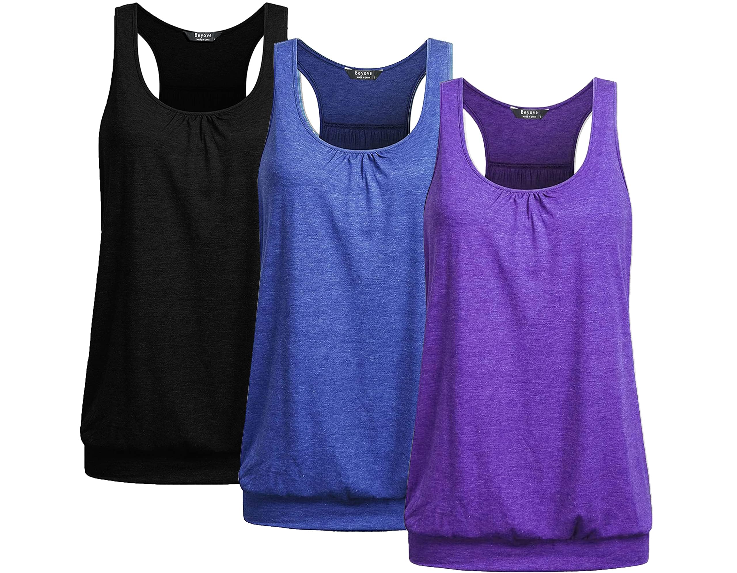 Beyove 3 Pack Lightweight Banded Bottom Athletic Tops for Women Yoga Pilates Workout Tank Tops Tummy Hiding Shirts, Black+Blue+Deep Purple Image