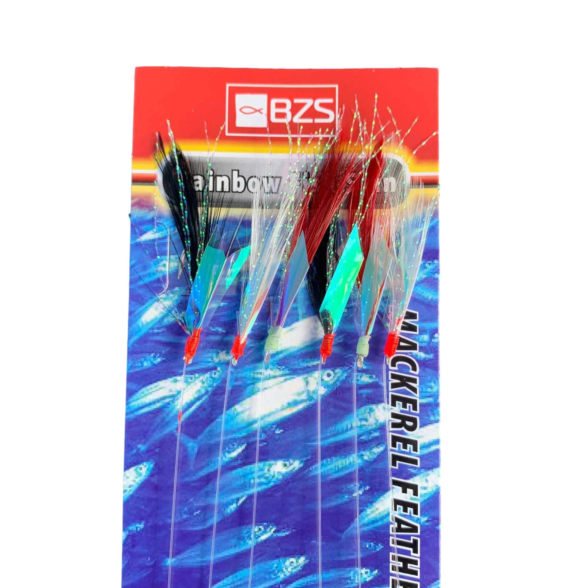 BZS Rainbow Fish Skin Sabiki Tinsel Mackerel Feathers Bait Rigs Skin Hooks for Sea Fishing Accessories - Pack of 10