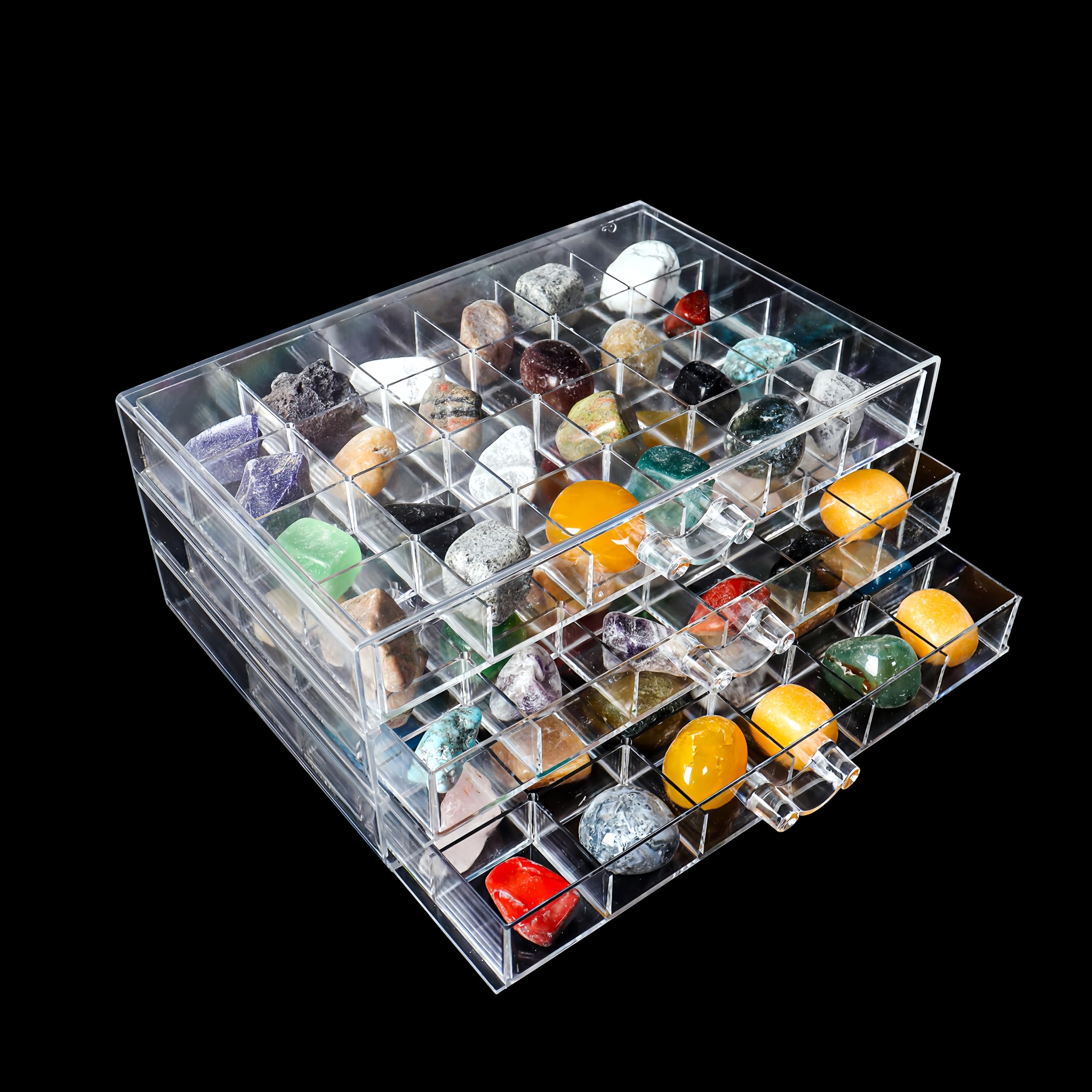 Dmnnlp Display Case for Small Rock , 3 Drawers 72 Grids(3x3cm), Clear Acrylic Rock Collection Box, Display Boxes for Collectables, Small rocks Gemstone Storage Cases (21.5x 14x 9cm)