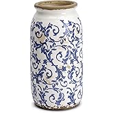 VICTOR & TERESA Rustic Blue and White Vase for Home Decor, Ceramic Vases for Flowers, Modern Farmhouse Decorative Vases for Pampas Grass,Table, Mantel, Living Room,Bookshelf, Centerpieces, 8''