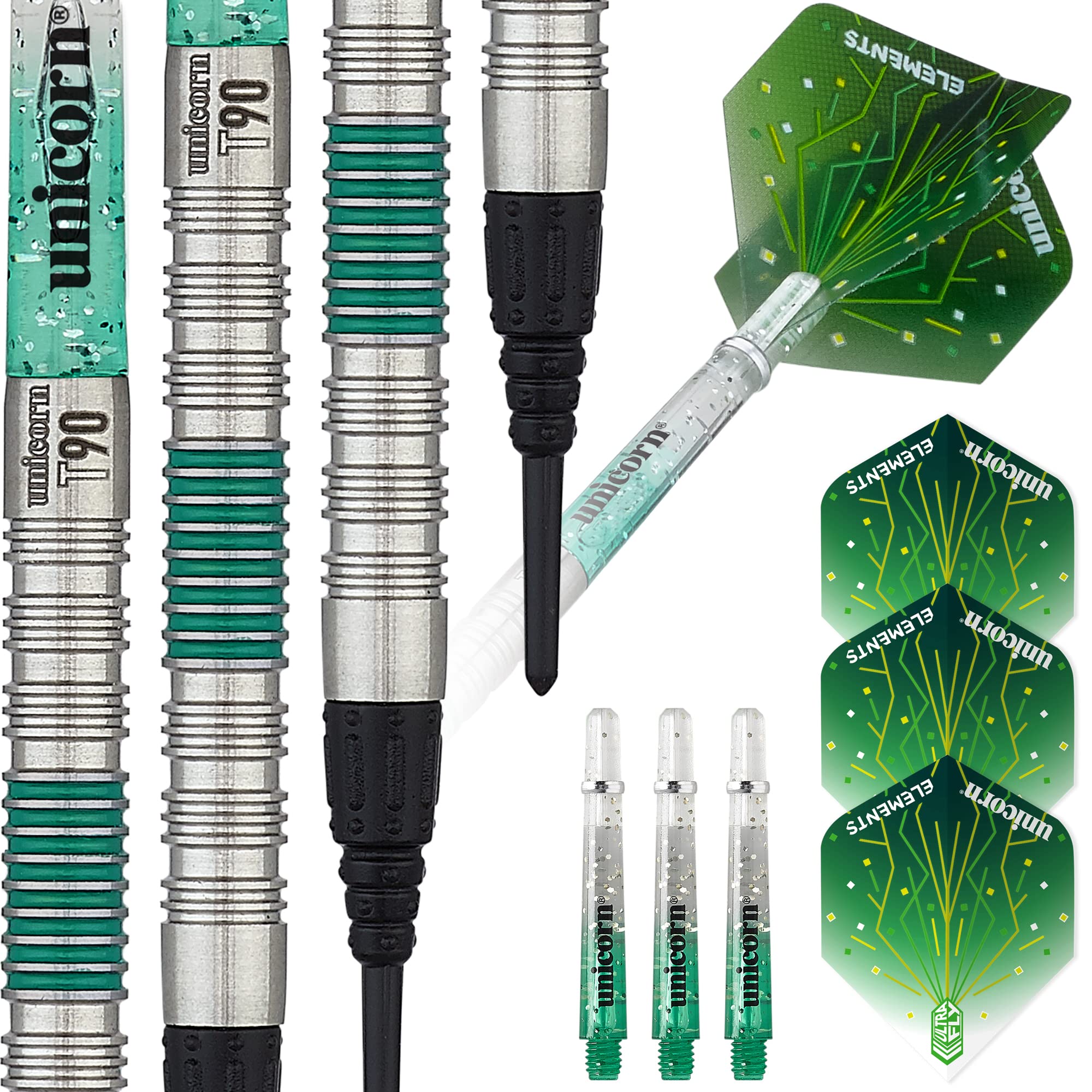 Unicorn Soft Tip Darts Set | Core T90 Series Style 2 | 90% Tungsten Barrels with Green Accents | 19 g