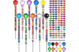 KVCSYAW 230 Pcs Beaded Garden Stakes, DIY Fairy Wand Garden Stake Beads Kits with 200 Colorful Assortment Round Large Hole Beads with 10 Round Stopper Top, 10 Threaded Rod and 10 Nuts for Outdoor Decoration