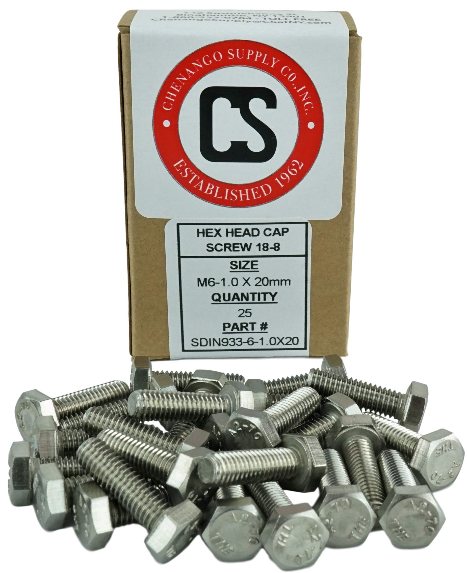 Stainless M6-1.0 x 20mm Fully Threaded Hex Head Bolts (12mm to 60mm Length in Listing), DIN 933, 18-8 Stainless Steel, 25 Pieces (M6-1.0 x 20mm)