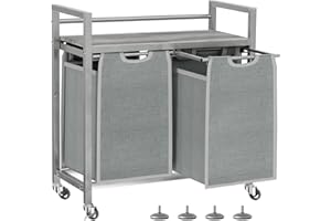 SwaaVee Laundry Hamper Basket, Laundry Sorter with 2 Removable Bags, Clothes Basket with 2 Compartments, Wheels, Shelf for La