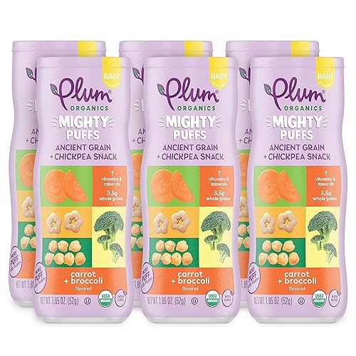 Plum Organics Mighty Puffs Organic Baby Food - Carrot and Broccoli - 1.85 oz Canister (Pack of 6) - Ancient Grains and Chickpea Snacks
