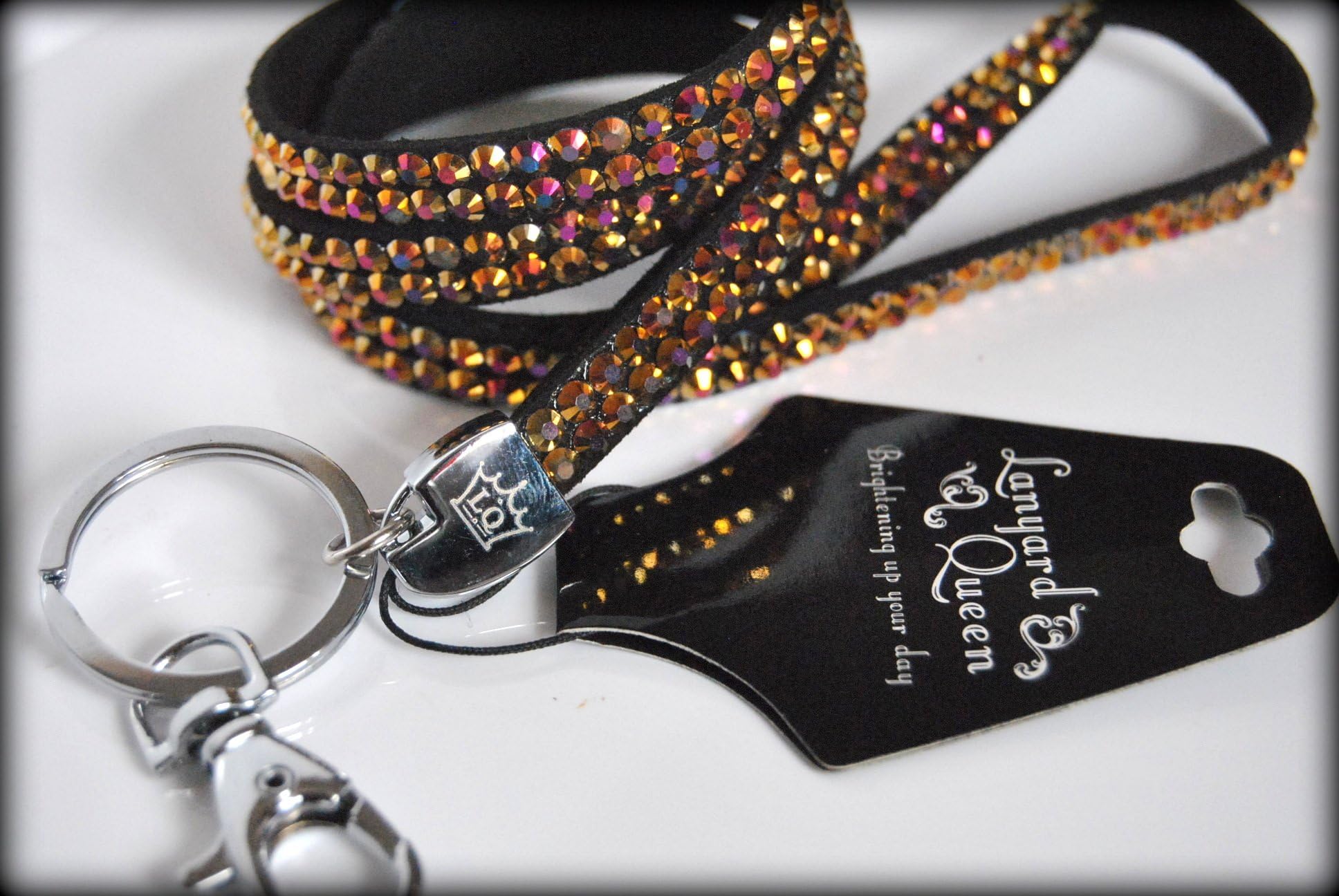 Lanyard Queen Diamante, Rhinestone Lanyard w/ Key Holder GOLD VIOLET AURORA. 55cm drop (custom made - longest in the UK)