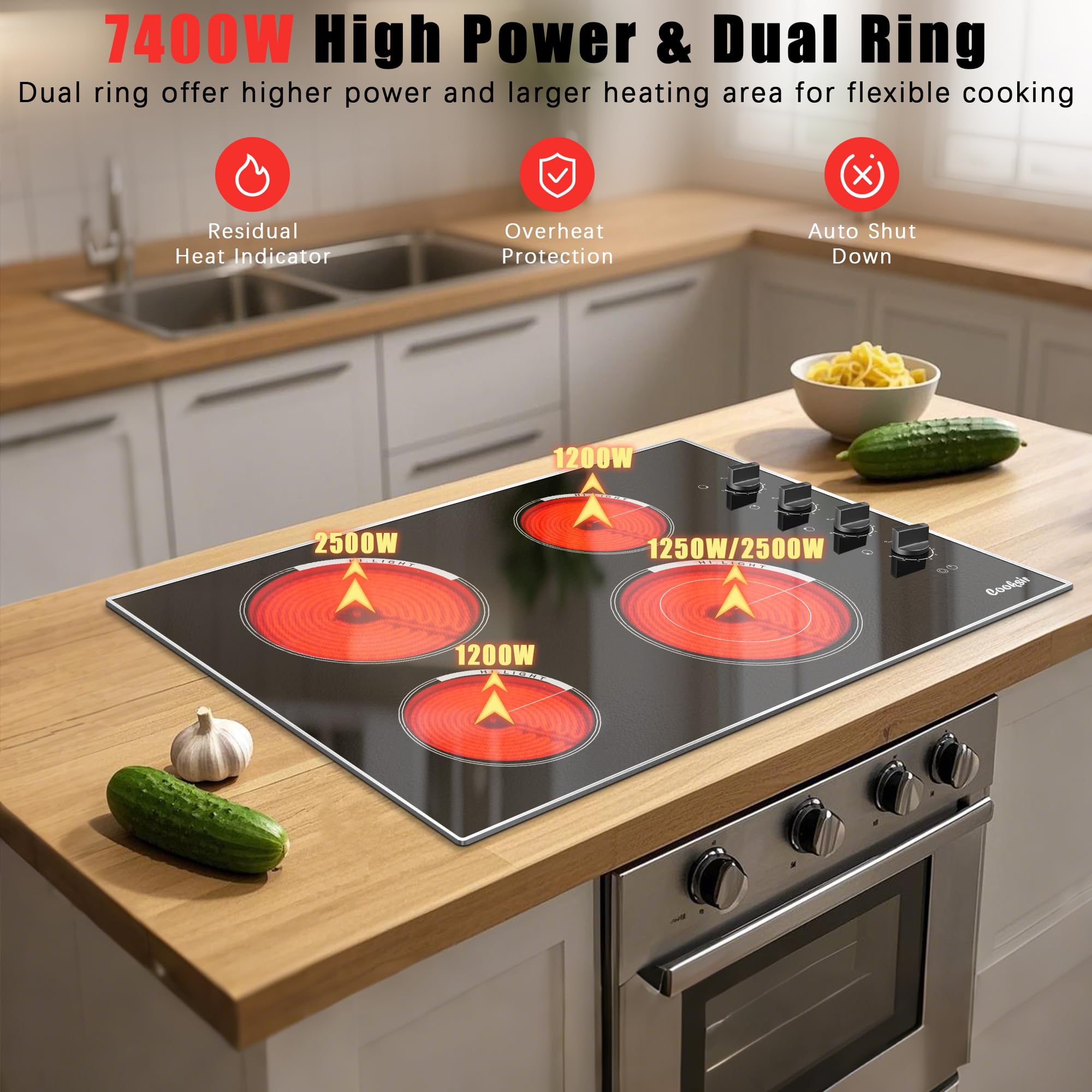 Electric Cooktop 30 Inch - 4 Burner Built-in Electrical Stovetop 7400W, 30 In Radiant Electric Stove with Glass Protection Metal Frame, Auto Shut Off Protection, 220-240V Hard Wired (No Plug)