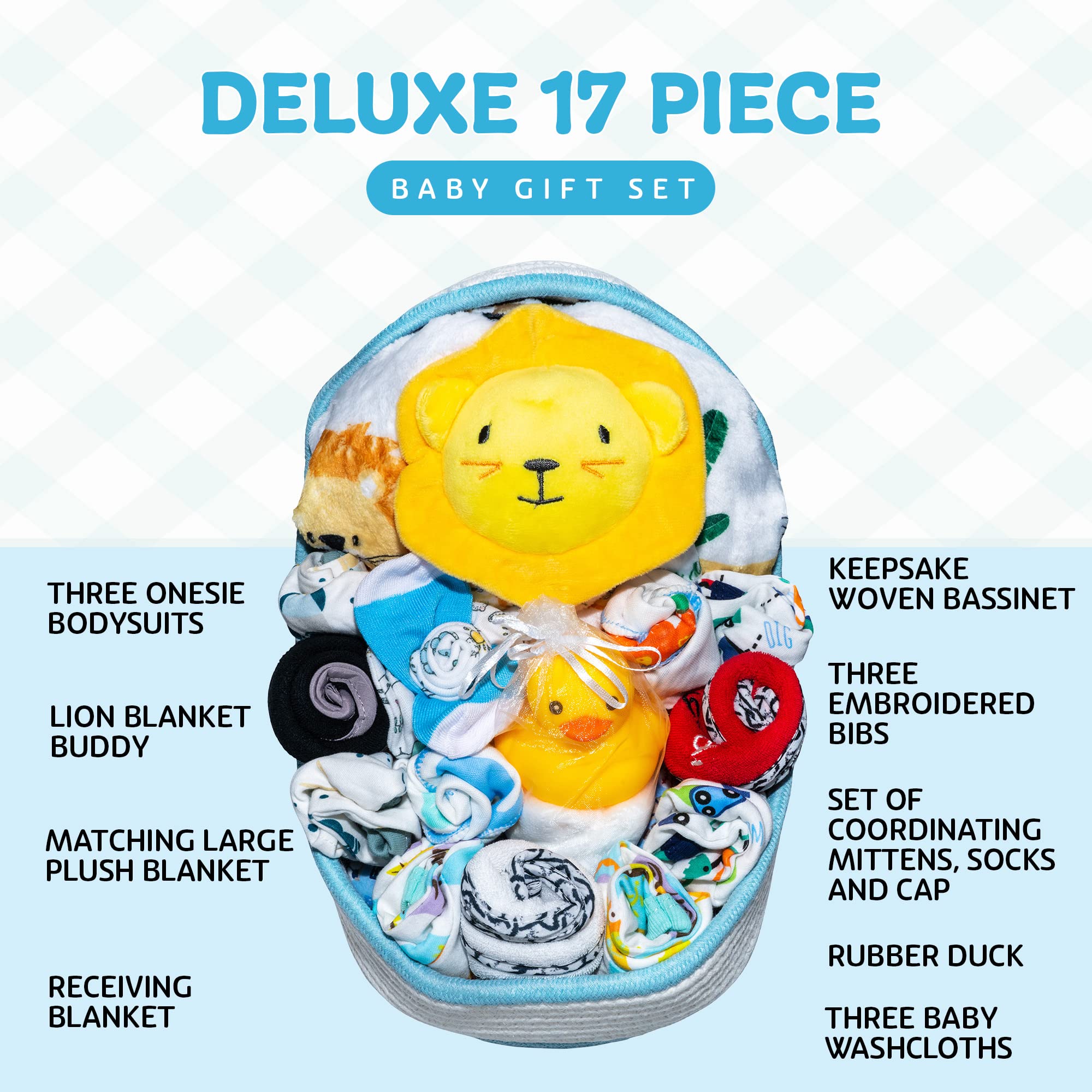 Bassinet New Baby Boy Gift Set, Baby Layette Set with 17-Piece Unique New Baby Essentials for Expecting Moms and New Parents, Blue - Nikki’s Gift Baskets