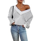 Cakulo Womens Fall 2025 Oversized Striped V Neck Sweaters Long Sleeve Knit Color Block Trendy Pullover Sweater Top