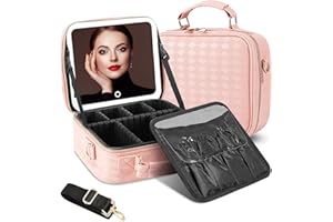 DESCHEN Travel Makeup Bag with Led Mirror, Makeup Organizer Cosmetic Train Case, PU Leather Makeup Case with 3 Light Modes & Dimmable Touch Control, Portable Make Up Box Water-Resistant (Pink)