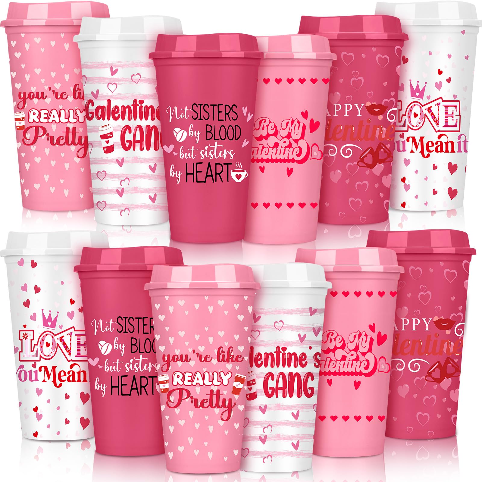 Photo 1 of 12 Pcs Galentines Day Coffee Cups Gift Bulk with Lids 16 oz Reusable Plastic Heart Cups Galentine's Day Party Supplies Red Pink Mug for Women Teacher Galentine‘s Friendship Gift for Hot Cold Drink