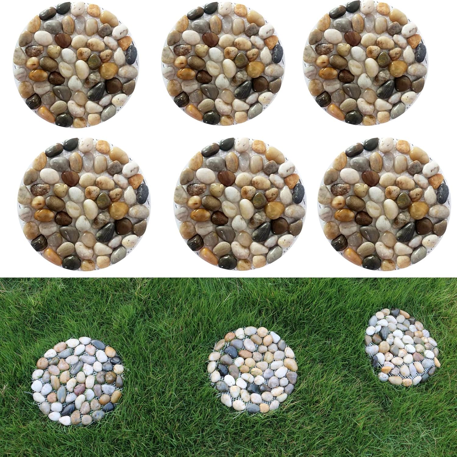 Hardscaping Materials - Set 6 Outdoor Stepping Stones,Pebble Stepping Stones for Garden Walkway,Decoration River Rock for Yard, Pathway,Landscaping, 9 inch Round Decorative Stone mat