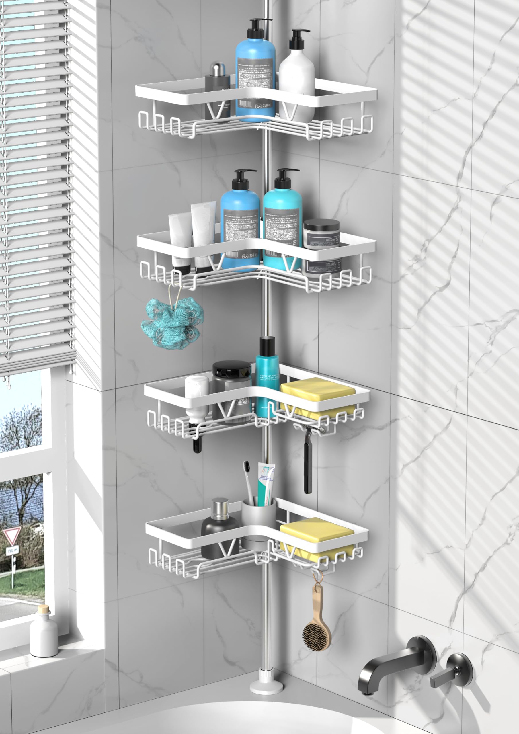 Photo 1 of DAOYA Shower Caddy Tension Pole Corner - Stainless Steel Bathroom Organizer White Tension Rod Shower Shelves for Tub(22-114.2inch), Renter Friendly