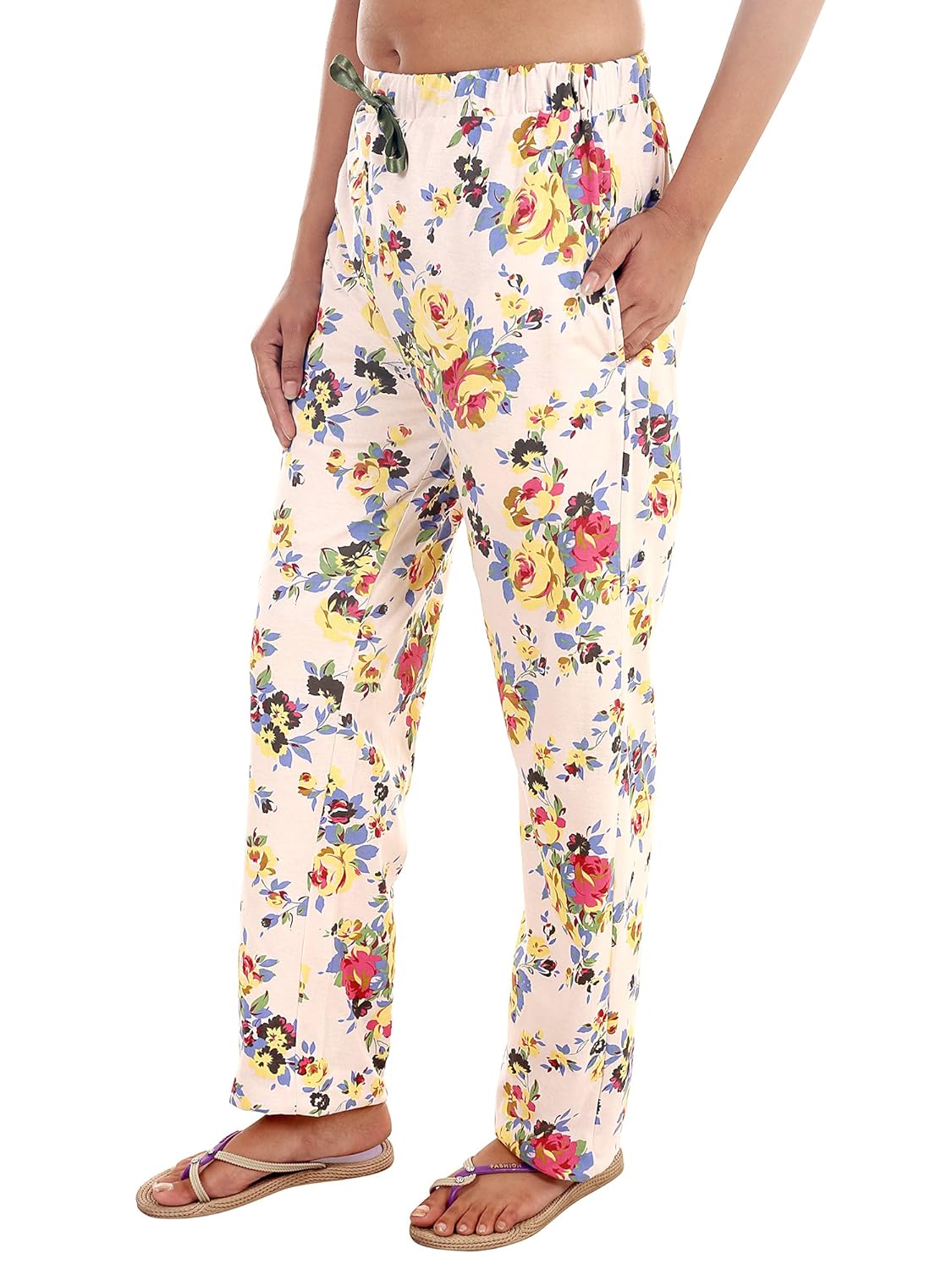 9teenagain women's hosiery night pyjama (off-white floral printed)