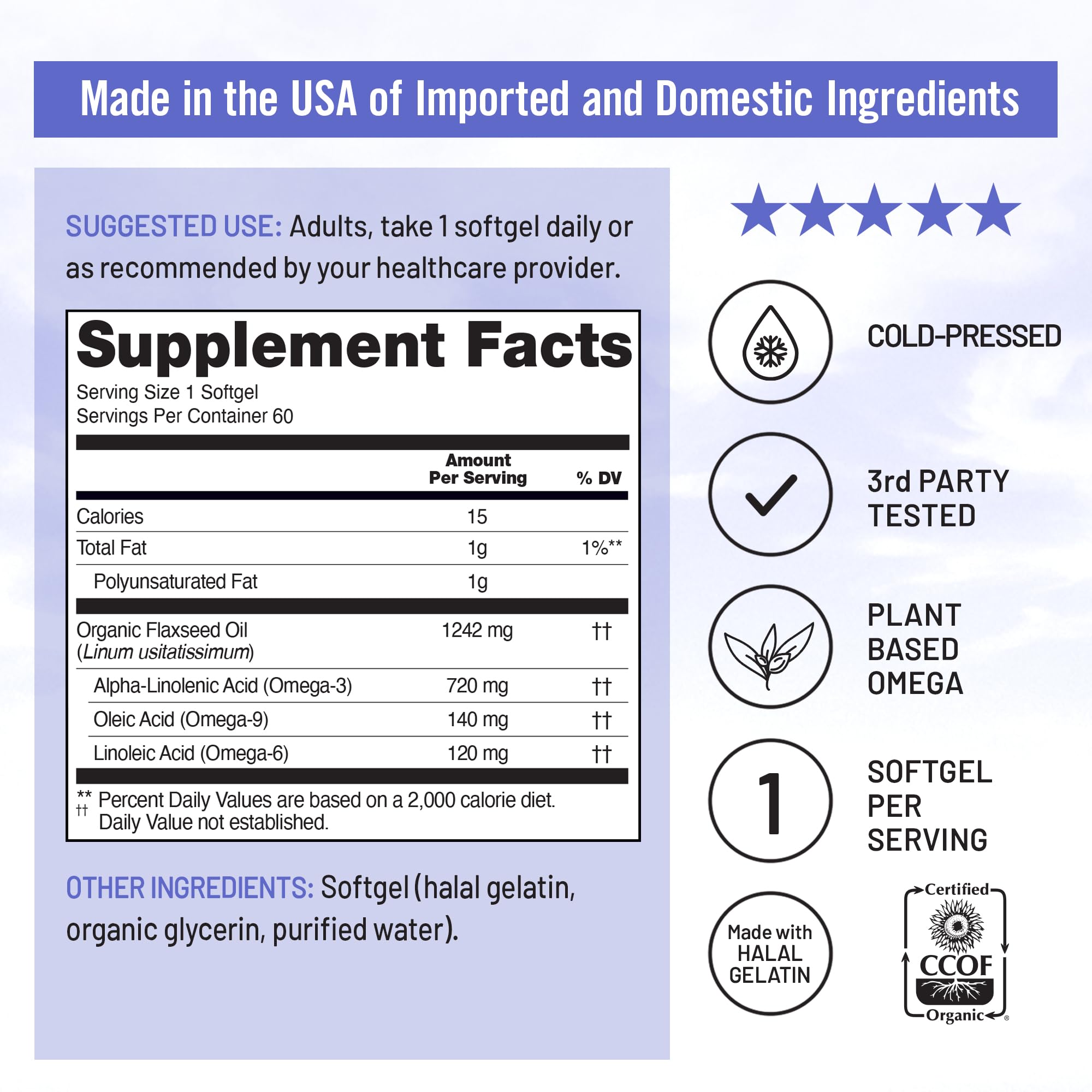 NatureWise Flaxseed Oil 1200 mg, Fish Free Omega 3 6 9 with 720mg ALA, Dietary Supplement for Heart Health Support - Organic, Cold Pressed, Non-GMO - 60 Softgels[2-Month Supply]