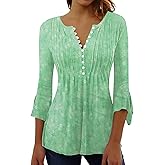 Womens Tops Dressy Casual Pleated Button Neck Summer Blouses 3/4 Flared Sleeve Fall Shirts