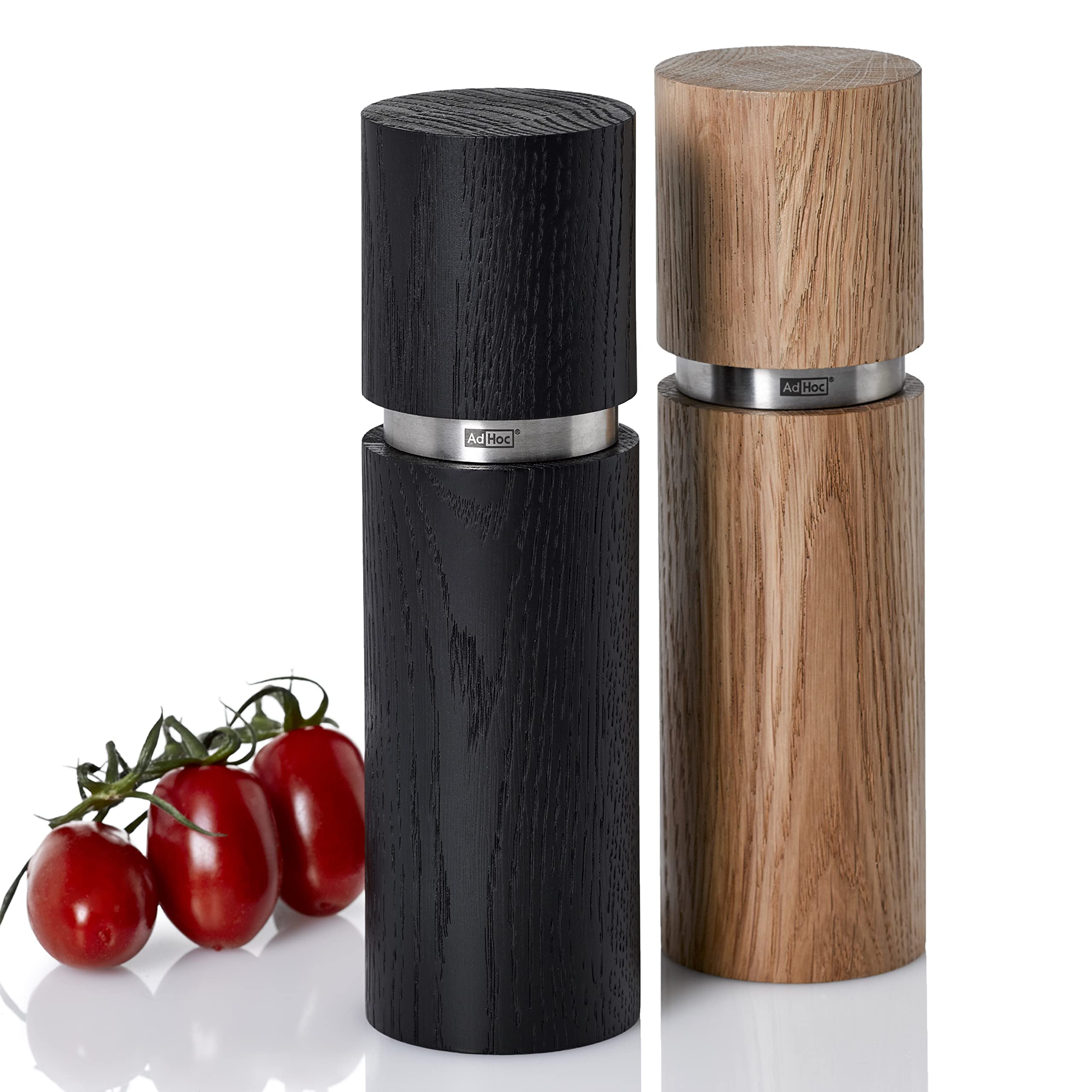 AdHoc Textura Salt & Pepper Mill Set, CeraCut Ceramic Grinder, Adjustable Grind Settings, Black/Brown, Ash Wood/Stainless Steel 20cm Includes 2 x Salt and Pepper Grinders