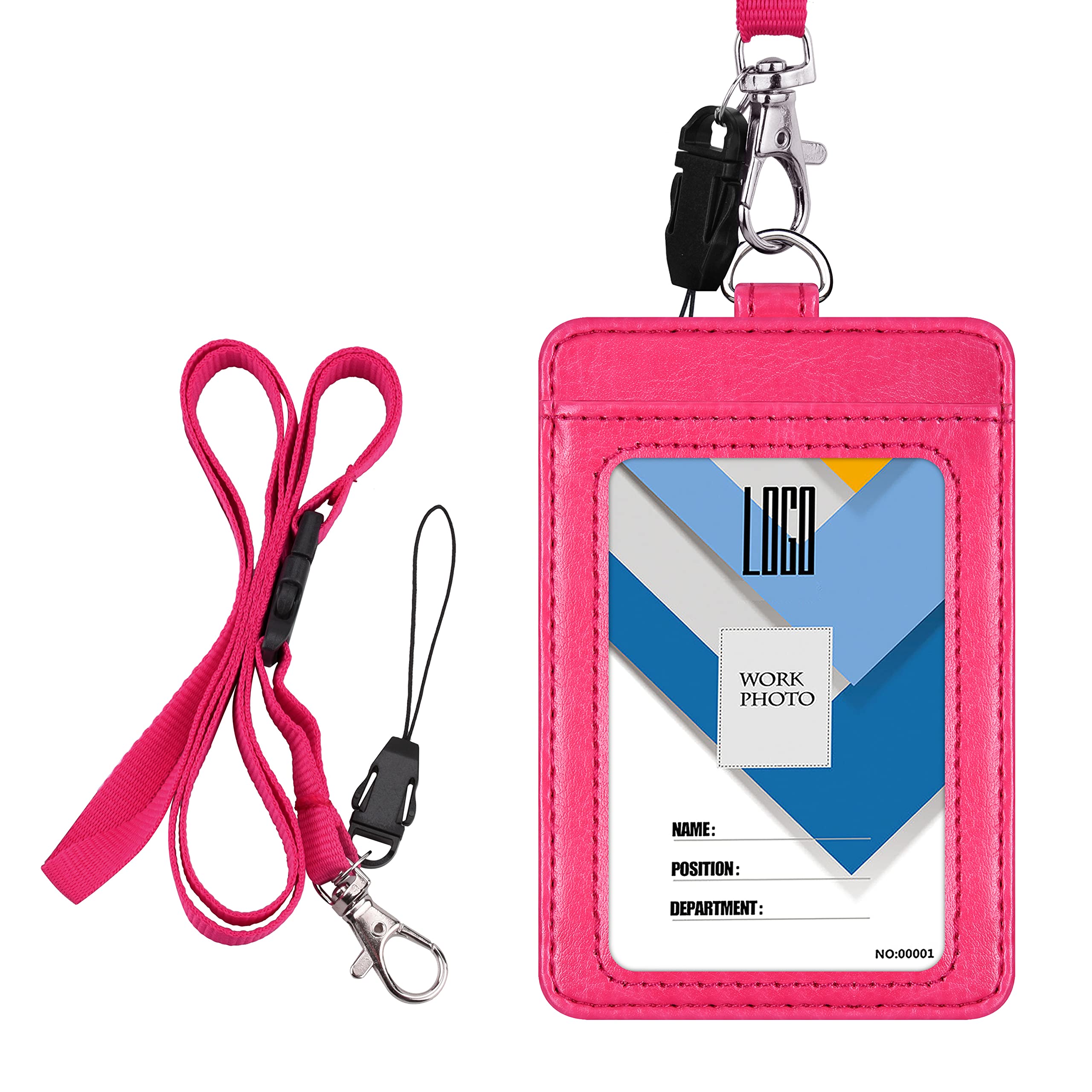 Wisdompro Badge Holder, Double Sided PU Leather Bus Pass Holder with 1 Clear ID Name Window and 1 Identity Credit Card Slot and 22 Inch Detachable Neck Lanyard Strap - Hot Pink (Vertical)