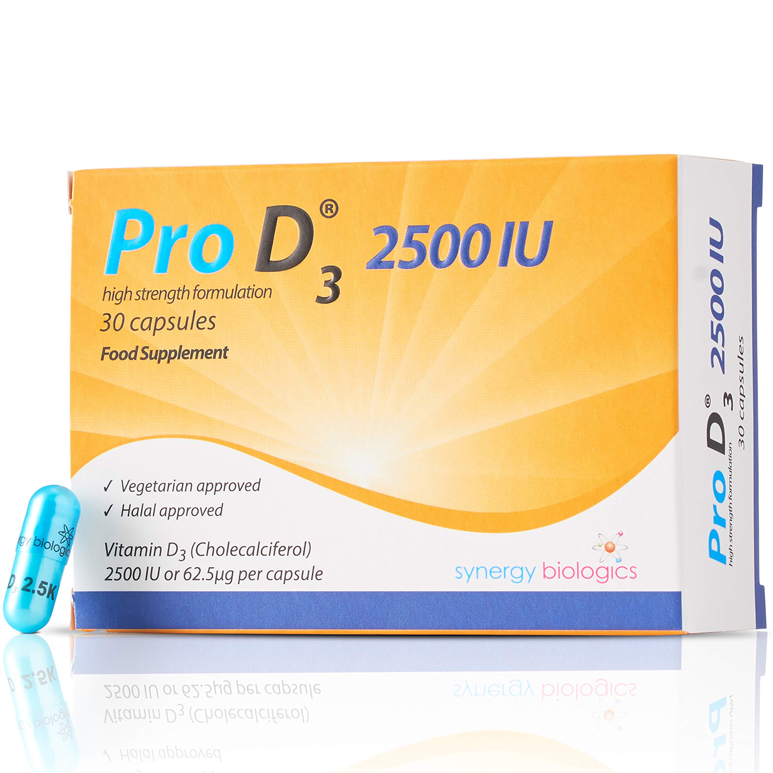 Pro D3 2500 IU Capsules | Premium Vitamin D3 | 30 Capsules | Gelatine Free, Lactose Free, Dairy Free, Nut Free | Suitable for Vegetarians, Halal & Kosher Diets | Made in The UK