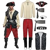 Spooktacular Creations Men Pirate Costume, Adult Pirate Shirt Vest Viking Pants Hat Set for Halloween Themed Parties