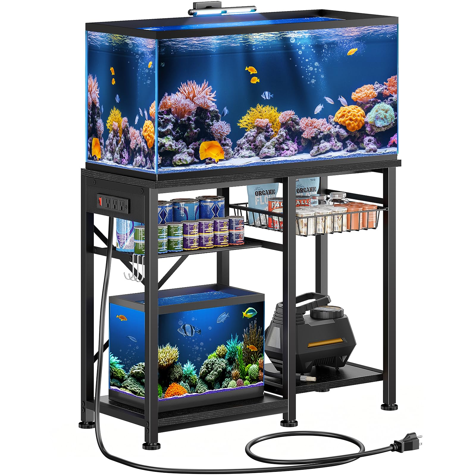 Photo 1 of 20-29 Gallon Aquarium Stand with 6 ft Power Strip, 5-Tier Metal Frame Fish Tank Stand 20 Gallon Fish Tank Stand 31.5" L*15.75" W Tabletop 400lbs Capacity (Pure Black, 20-29 Gallon)