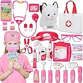 33Pcs Pet Doctor Kit for Toddlers - Dress Up Costume & Pretend Doctor Play Set with Cat Toy, Stethoscope, Portable Pet Vet Roleplay Toy, Christmas Birthday Gifts for Ages 3 4 5 6-8 Year Old Boys Girls
