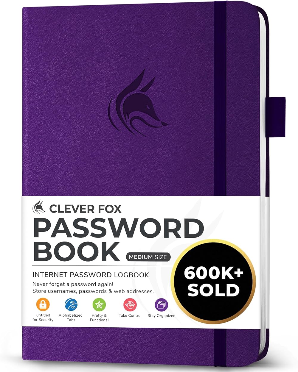 Clever Fox Password Book with Alphabetical Tabs Purple Medium 120gsm Paper