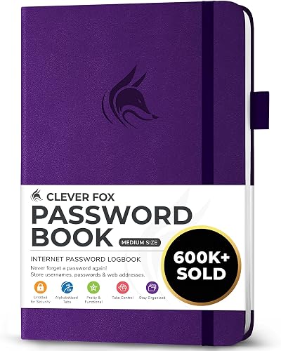 Clever Fox Password Book with Alphabetical Tabs Purple Medium 120gsm Paper