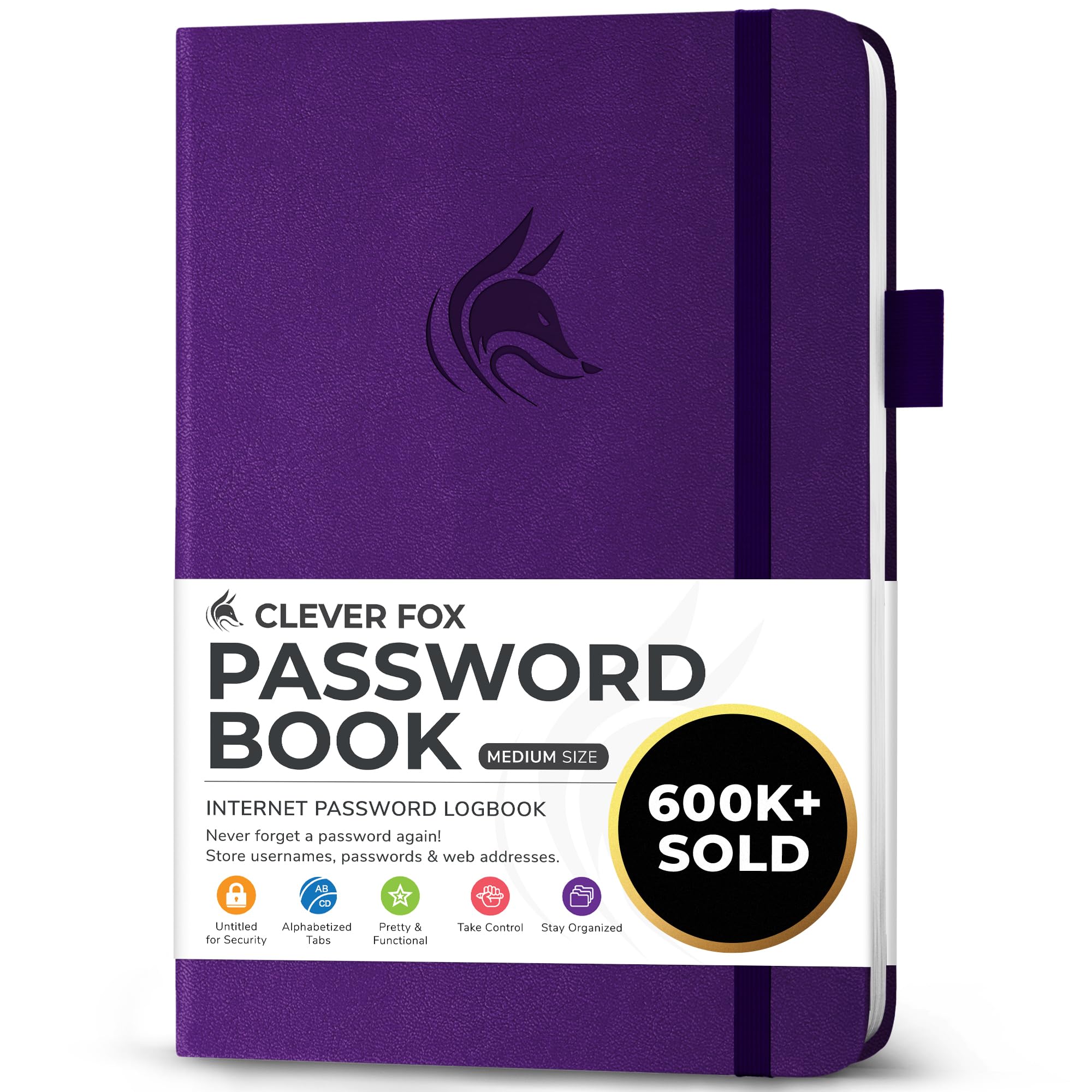 Photo 1 of Clever Fox Password Book with alphabetical tabs. Internet Address Organizer Logbook. Medium Password Keeper for Website Logins (Purple)