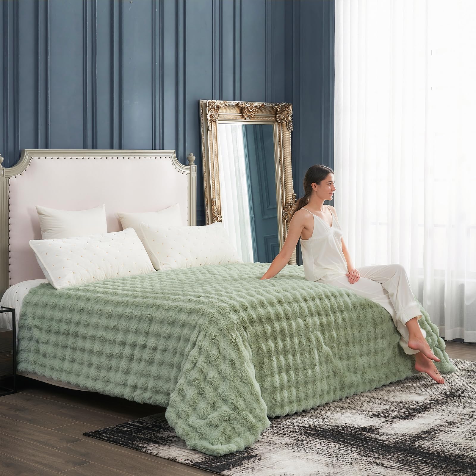 Cozy Bliss Faux Fur Throw Blanket for Bed King Size, Fuzzy Soft Plush Thick Bubble Blanket for Sofa Bedroom Living Room, 108 * 90 Inches Sage Green Image