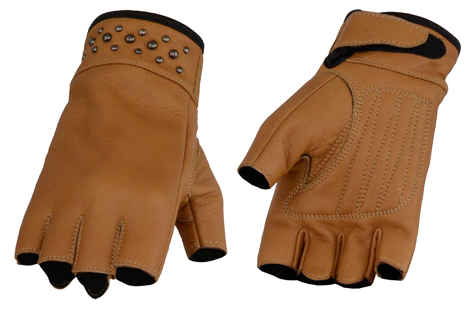 Ladies Leather Fingerless Gloves w/ Gel Palm, Rivet