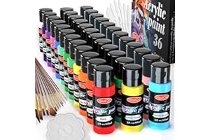 HISSICO 55PCS Acrylic Paint Set of 36 Colors 2fl oz 60ml Bottles 12 Brushes,Non Toxic 36 Colors Acrylic Paint No Fading Rich Pigment for Kids Adults Artists Canvas Crafts Wood Painting