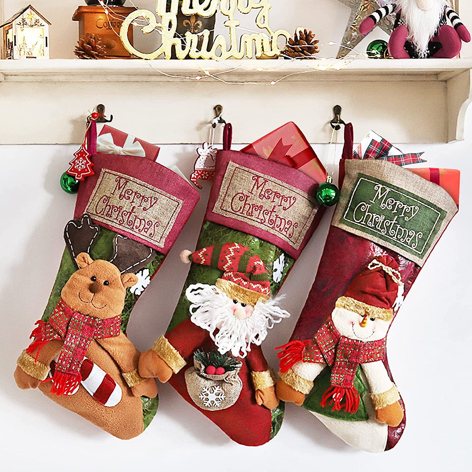 LATERN 3Pcs Christmas Stocking, 46CM Large Xmas Stockings 3D Snowflake Santa, Snowman, Reindeer Sock Gift Bag for Fireplace Xmas Tree Holiday Christmas Party Decoration