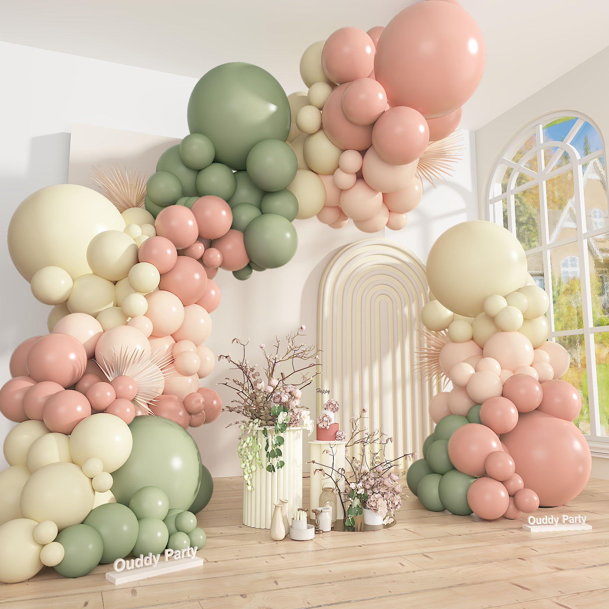Ouddy Party 149Pcs Dusty Pink Yellow Sage Green Balloon Arch Garland Kit Different Sizes 18 12 10 5Inch, 6Pcs 18” Pastel Peach Ivory for Wedding Bear Wildflower Birthday Party Decorations