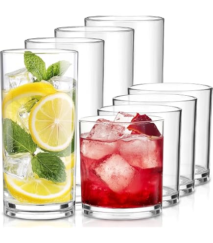 Singhoow Set Of 8 Unbreakable Acrylic Drinking Glasses - 4 Tall (16 Oz) & 4 Short (11 Oz), Clear