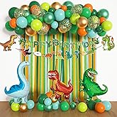 Dinosaur Birthday Party Decorations Supplies Happy Birthday Banner Crepe Paper Green Orange Blue Gold Dino Foil Balloons Garland Arch Kit for Jungle Safari Dinosaur Themed Baby Shower Party Boys Kids