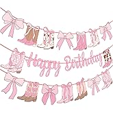 Coquette Cowgirl Birthday Banners Western Cowgirls Decorations 3PCS Boots and Bows Banner Glitter Pink Coquette Bows Birthday Decor for Girls Western Theme Baby Shower Supplies