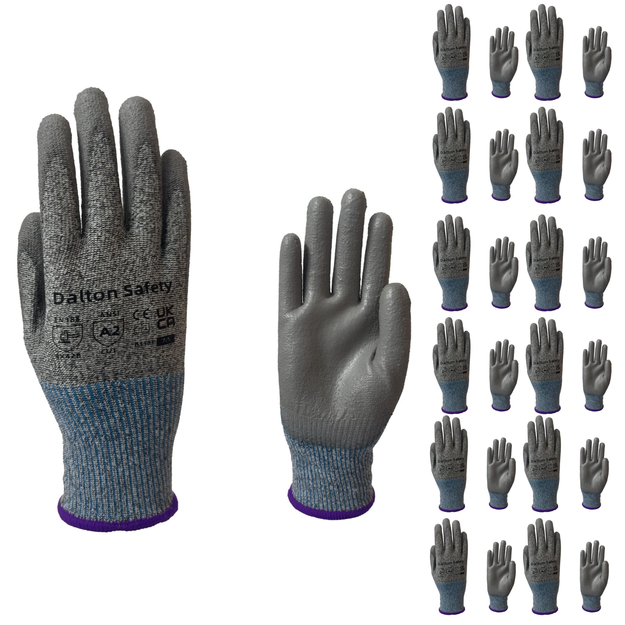 Dalton Safety 12 Pairs Of XS Cut Resistant Level 3 Work Gloves, HPPE Knitted Cuff, PU Coated Palm & Fingertips. Perfect For General Duty, Gardening, Glass Cutting & Sheet Metal Handling