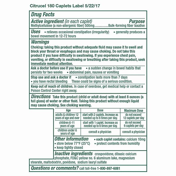 CITRUCEL FIBER THERAPY CAPLETS FOR IRREGULARITY, EASY TO SWALLOW METHYLCELLULOSE , 180 COUNT