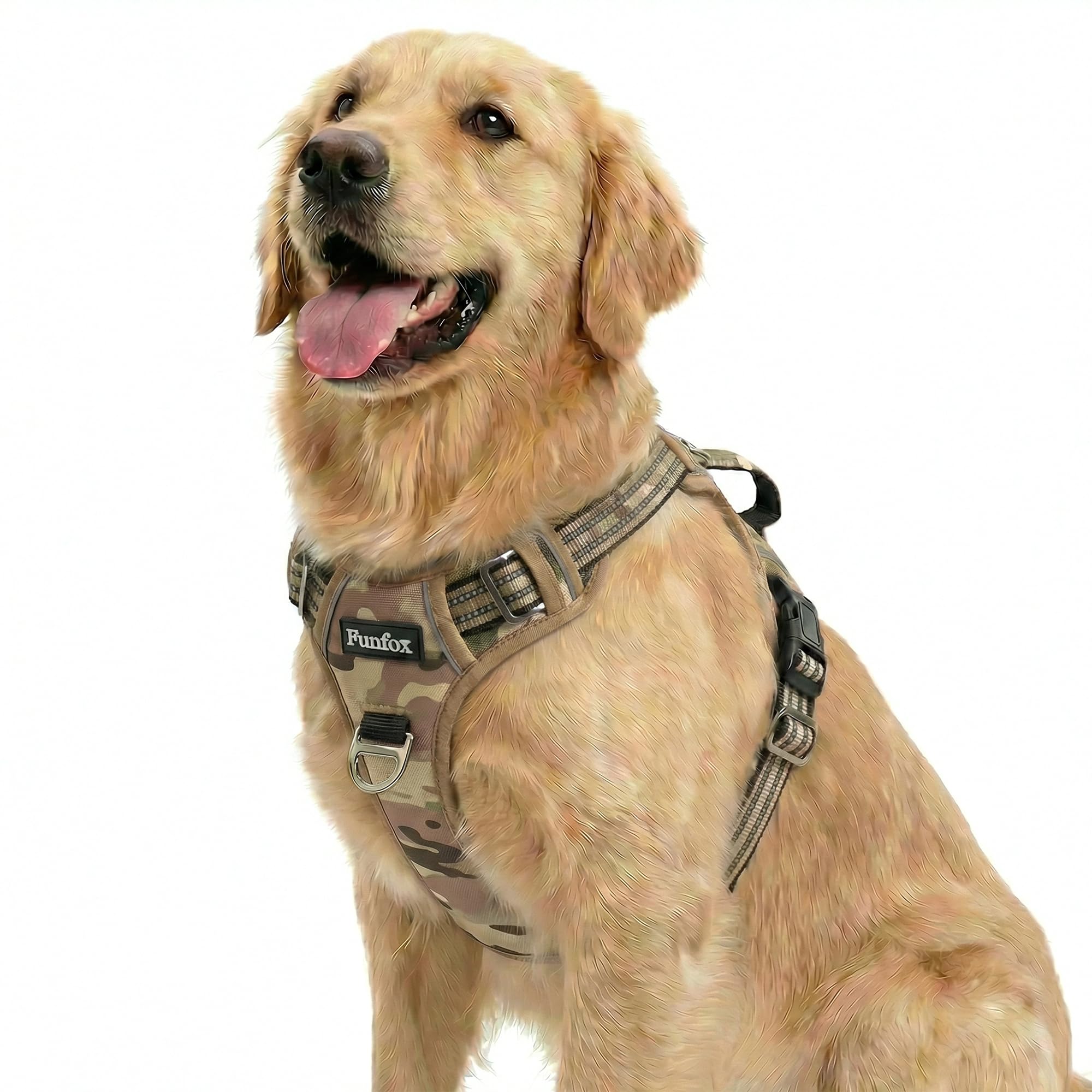 Funfox Dog Harness for Large Dogs, No Pull Pet Vest Adjustable with Vertical Handle & Front Clip, Anti Pull Padded Harness Reflective Night Walking Size for Medium Large Breed, Camo Brown L
