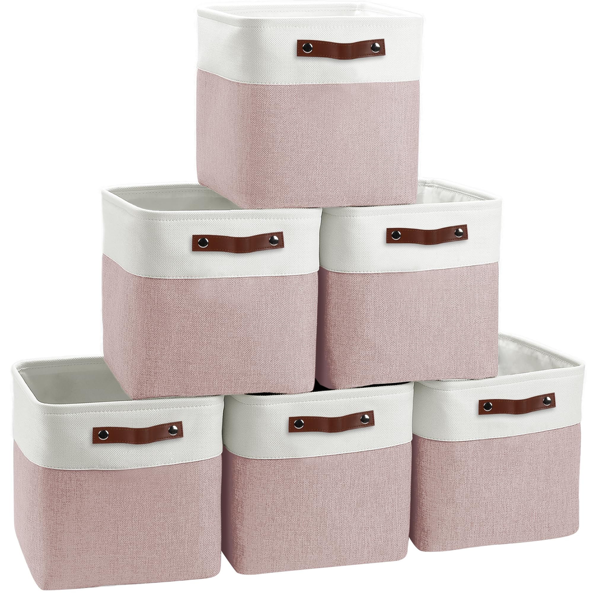 Photo 1 of FinishingBo Cube Storage Baskets 6 Pack, 11x11 inch Foldable Cube Storage Bins with Leather Handles for Shelf Closet Nursery Toys (White/ Pink)