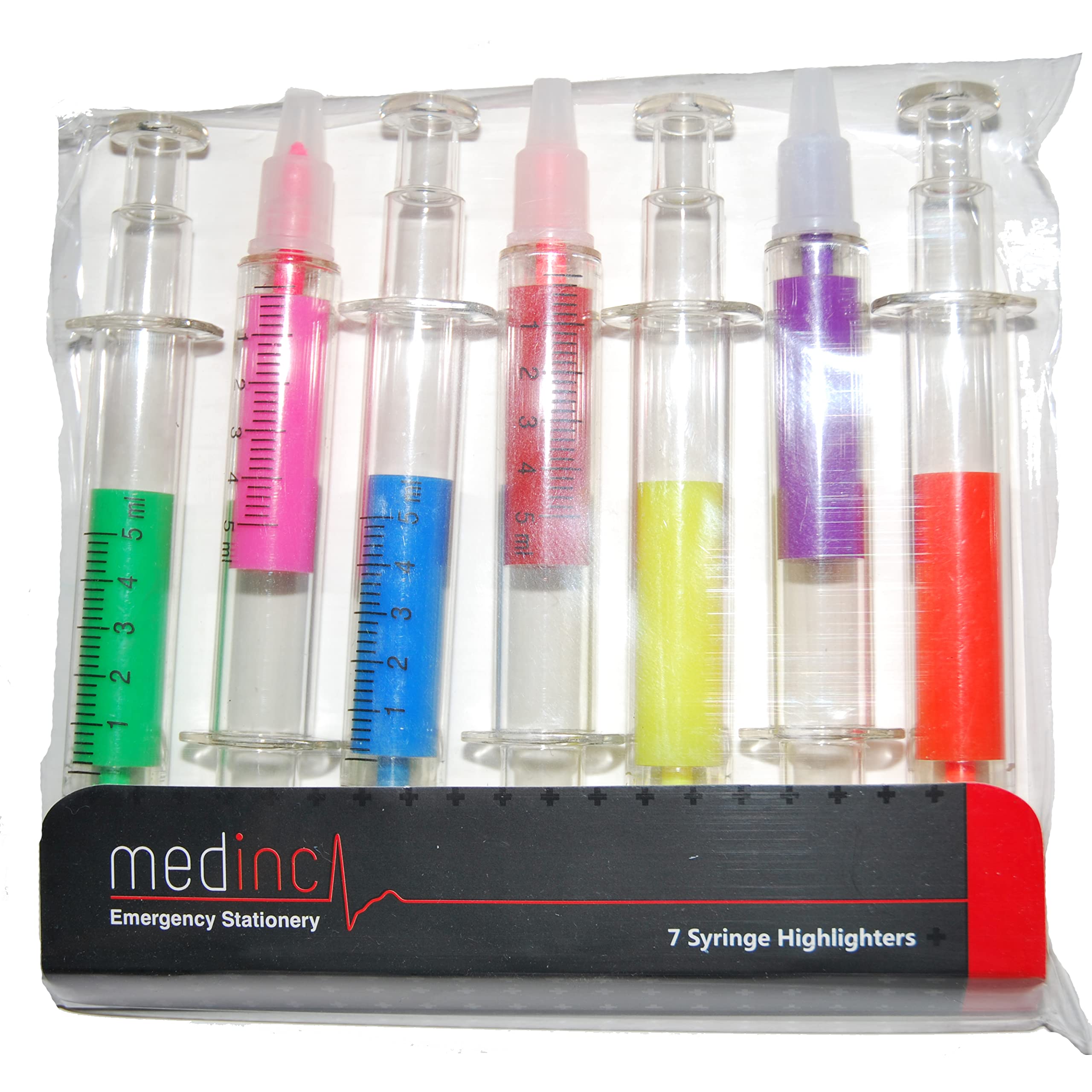 Medinc Pack of 7 Syringe Highlighters Great Nurse Novelty Pen Stationary Set or Doctor Medical Student Stationery Set NHS Accessories Needle Marker
