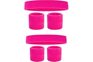 ZILO NOVELTIES Pink 80s Sweatband, Pink Headband and Wristbands (2 Sets), Sweat Bands 80s Neon Hot Pink Color, 80s Party, Sweatbands for Women, Colorful Sweatband Set