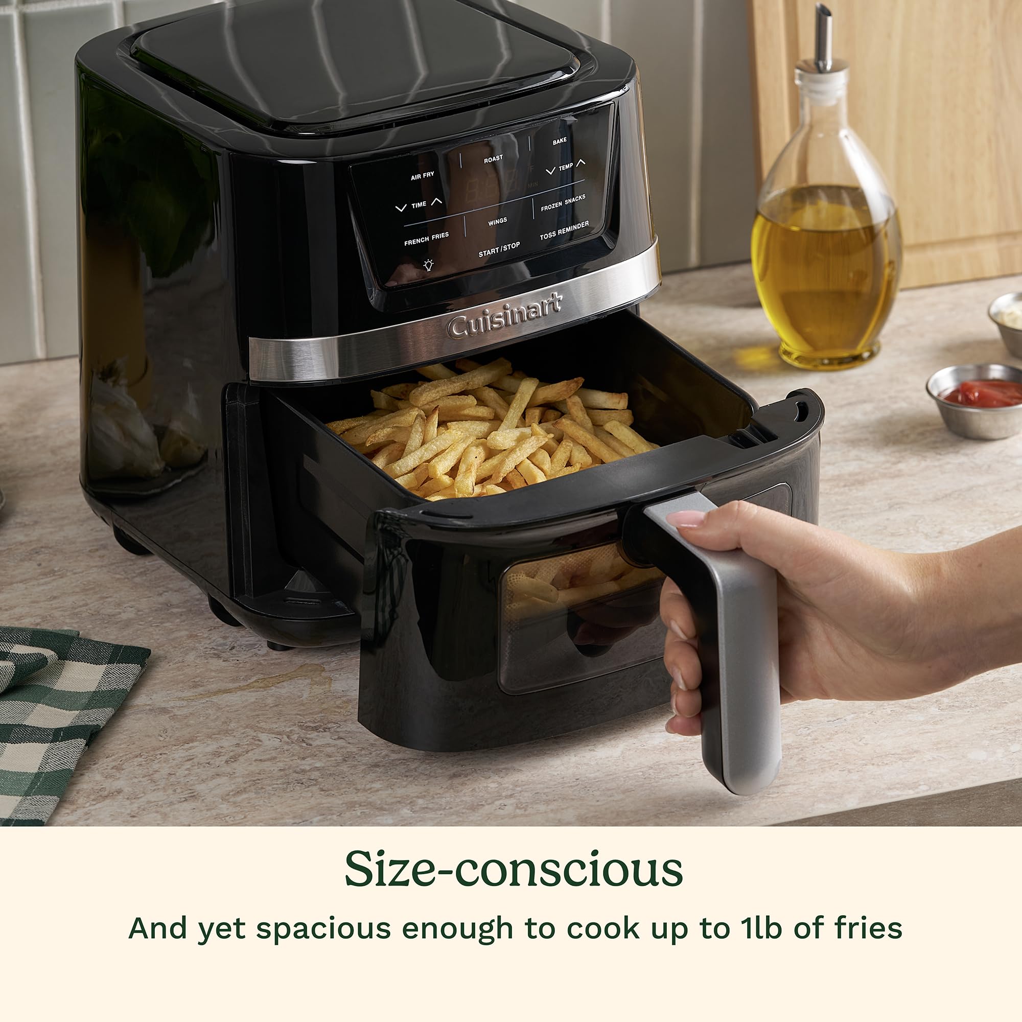 Freidora de aire Cuisinart, freidora de cesta compacta de 2,6 cuartos con 3 funciones de cocción para freír, asar y hornear al aire, 3 ajustes preestablecidos de freidora de aire, piezas aptas para lavavajillas, AIR-80, acero inoxidable y negro