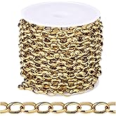 [16.5 FT] 18K Gold PVD Plated Rolo Cable Chains Bulk for Jewelry Making, 5.5mm 304 Stainless Steel Gold Oval Cable Link Chains Roll Spool for DIY Craft Jewelry Making