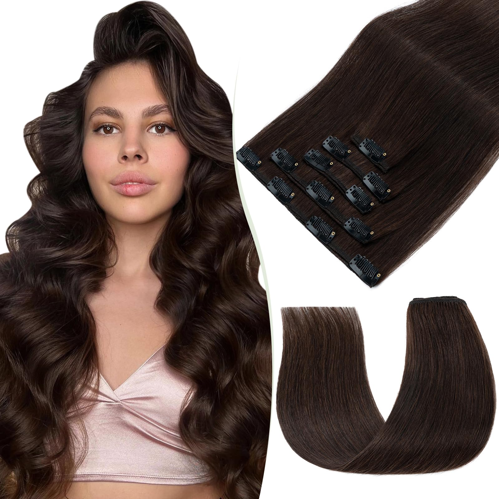 TESS Human Hair Extensions Clip in Real Hair Brown Remy 5 Pieces Straight Natural Hairpieces for Women/Girls (#02 Dark Brown, 24 Inch 75g) — image 1