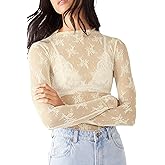 KMBANGI Women's Mesh Lace Long Sleeve Top Mock Neck Sheer Blouse Floral Lace Layering Tops Y2k See Through Tee Shirt