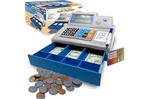 Dr. STEM Toys Solar Powered Calculator Pretend Cash Register with Play Money – 67-Piece Set for Learning Math Skills, STEM Cash Register for Kids (Gray)