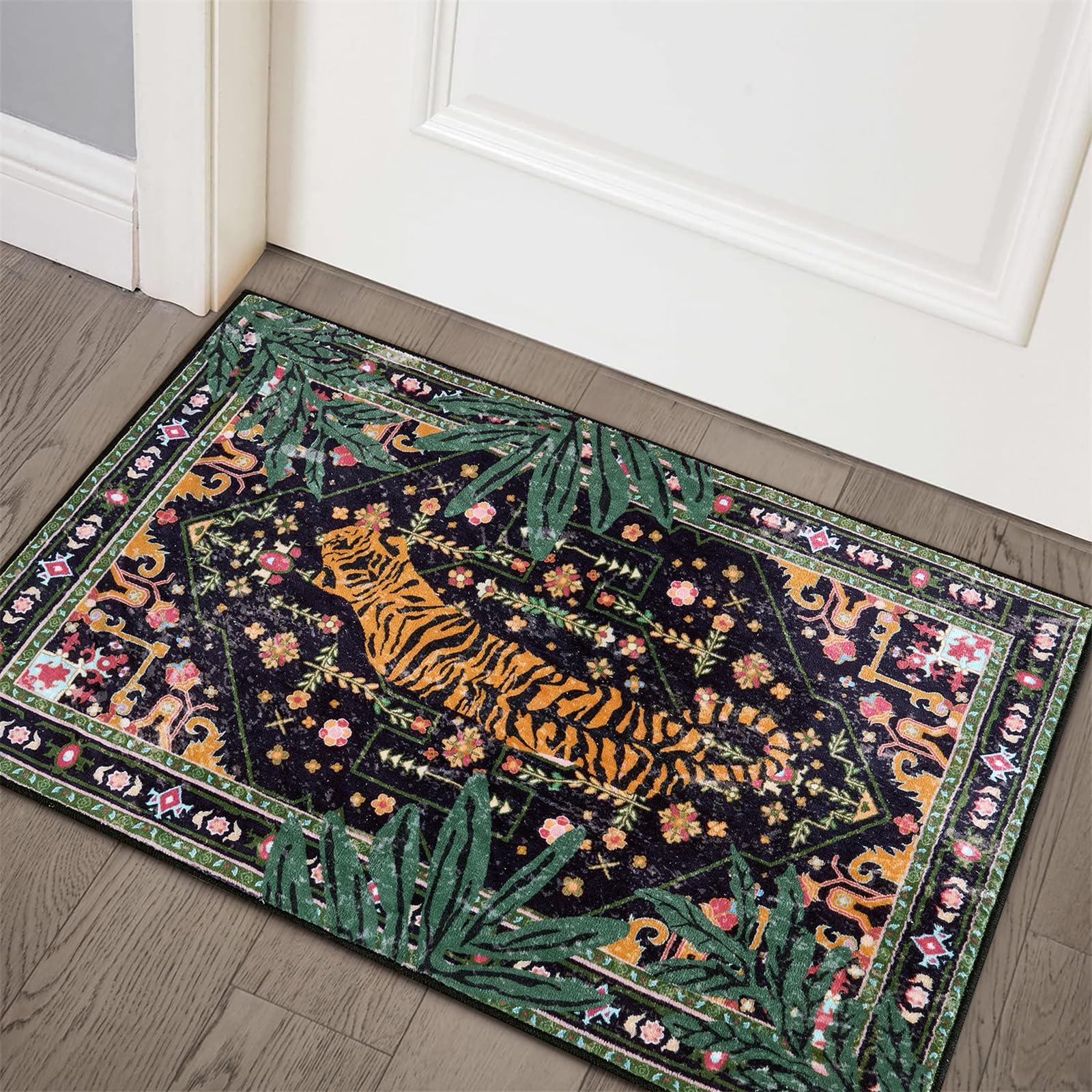 Aldopein Oriental Tropical Entryway Rugs Washable, Thin Black Boho Vintage Distressed Hippie 2x3 Throw Rugs for Bathroom Kitchen Indoor Doormat Non-Slip Abstract Botanical Tribal Indian Accent Carpet